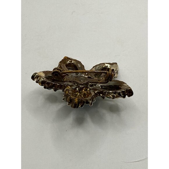 Vintage Gold Tone Flower Brooch With Blue Rhinestones - Picture 5 of 5